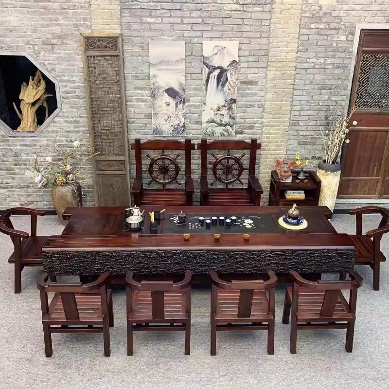 老船木茶桌一体一整套桌椅组合全实木新中式泡茶台办公室家用茶几