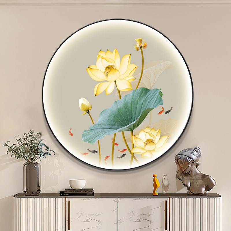 新中式金色荷花带灯装饰画茶室餐厅圆形壁画客厅玄关走廊莲花挂画