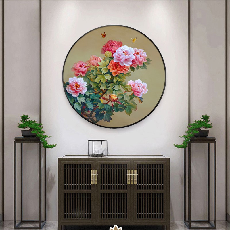 手绘轻奢花开富贵牡丹简约玄关圆形客厅花卉走廊油画餐厅装饰定做