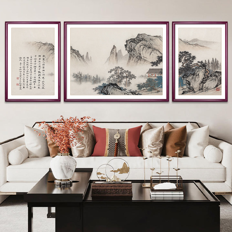 新中式客厅装饰画望云楼三联画沙发背景墙挂画国画山水画书房壁画