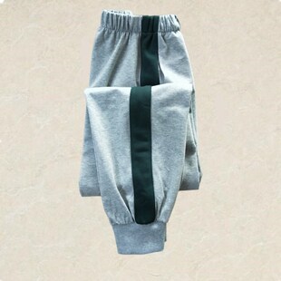 学生校服裤子加绒冬款中小学浅灰色加墨绿宽条一道杠束腿收口校裤