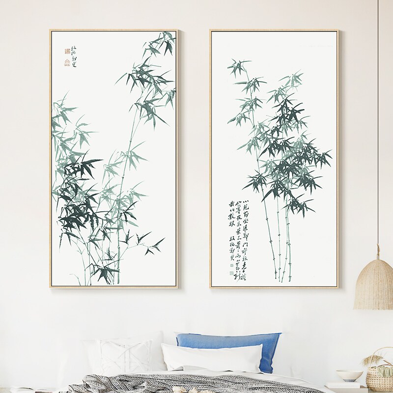 新中式装饰画郑板桥竹子水墨玄关壁画卧室日式客厅三四联书房定做