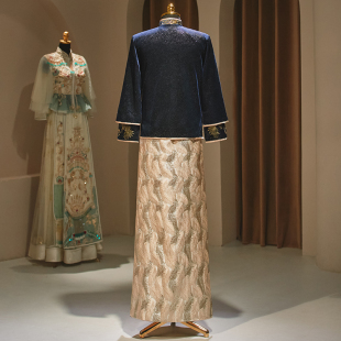 修身 秀禾服男装 龙凤褂蓝色秀和 结婚春季 新郎装 中式 礼服2023年新款