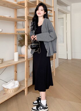 大码胖mm黑色针织裙收腰显瘦连衣裙女百搭宽松休闲开衫外套两件套