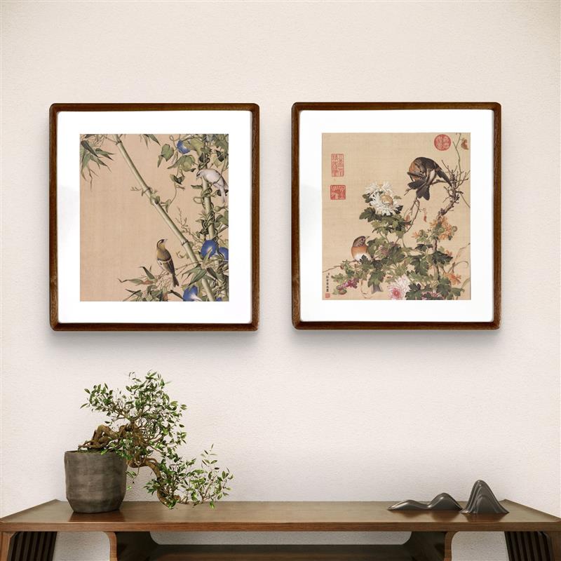 郎世宁仙萼长春图沙发背景墙装饰画组合新中式禅意壁画花鸟