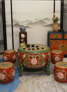现代新中式小茶几实木牛皮彩绘做旧鼓凳飘窗榻榻米圆形桌茶台炕几