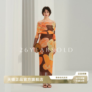 26YEARS 显瘦长裙艺术感穿搭连衣裙 OLD度假风印花网纱一字肩修身