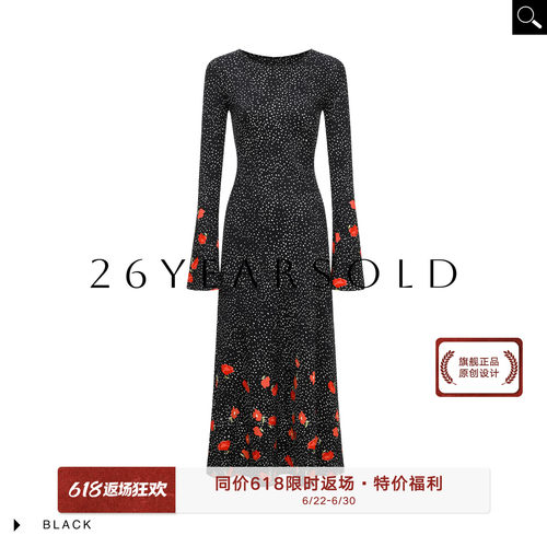 黑色波点玫瑰印花修身长袖连衣裙