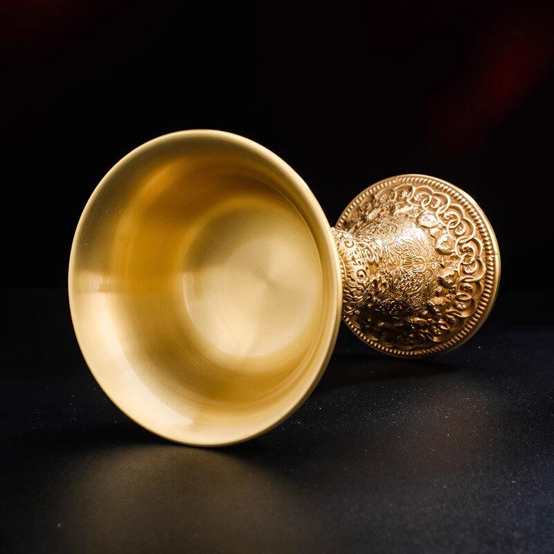 尼泊尔纯铜八吉祥雕花护法杯家用供具黄铜贡酒杯供护杯供茶杯大号