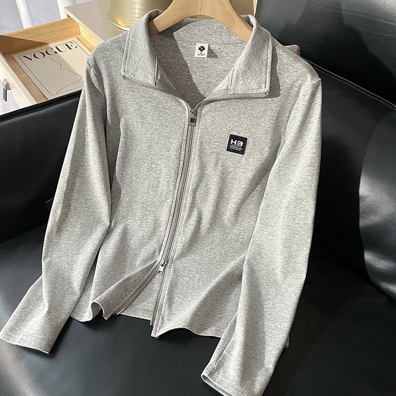 新款2024女装浅灰色纯棉春夏薄款开衫卫衣女立领修身外套拉链上衣