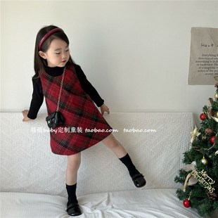 女童红色格子夹棉毛呢背心裙2024秋冬儿童万圣节圣诞连衣裙生日裙