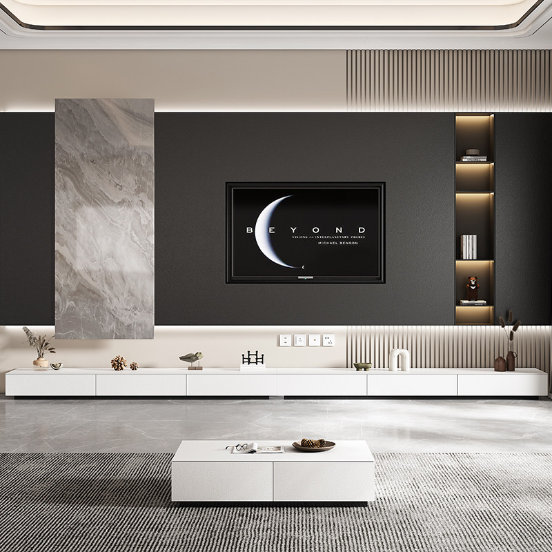 奶油风纯白色岩板电视柜茶几小户型客厅家具黑色岩板地台极简轻奢