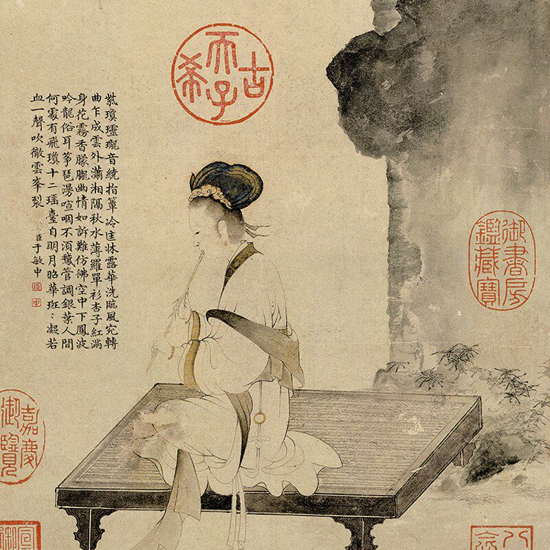 元赵孟頫吹箫仕女图卷轴挂画条幅画复制品国画中式装饰画玄关画