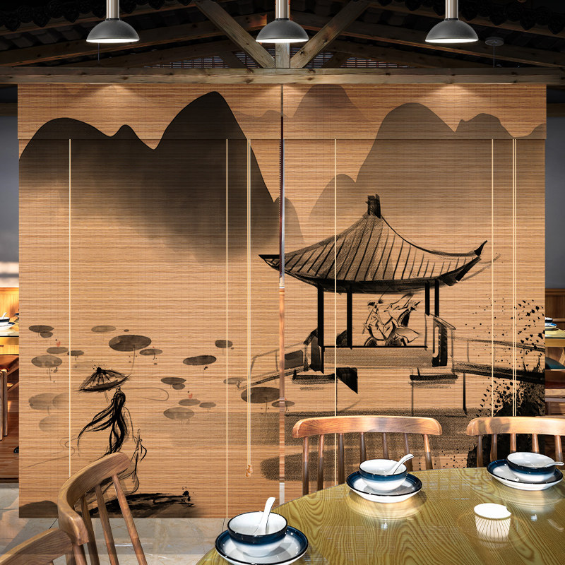 烟雨江南画竹帘卷帘窗帘酒楼餐厅隔断装饰帘子阳台防晒隔热遮阳帘