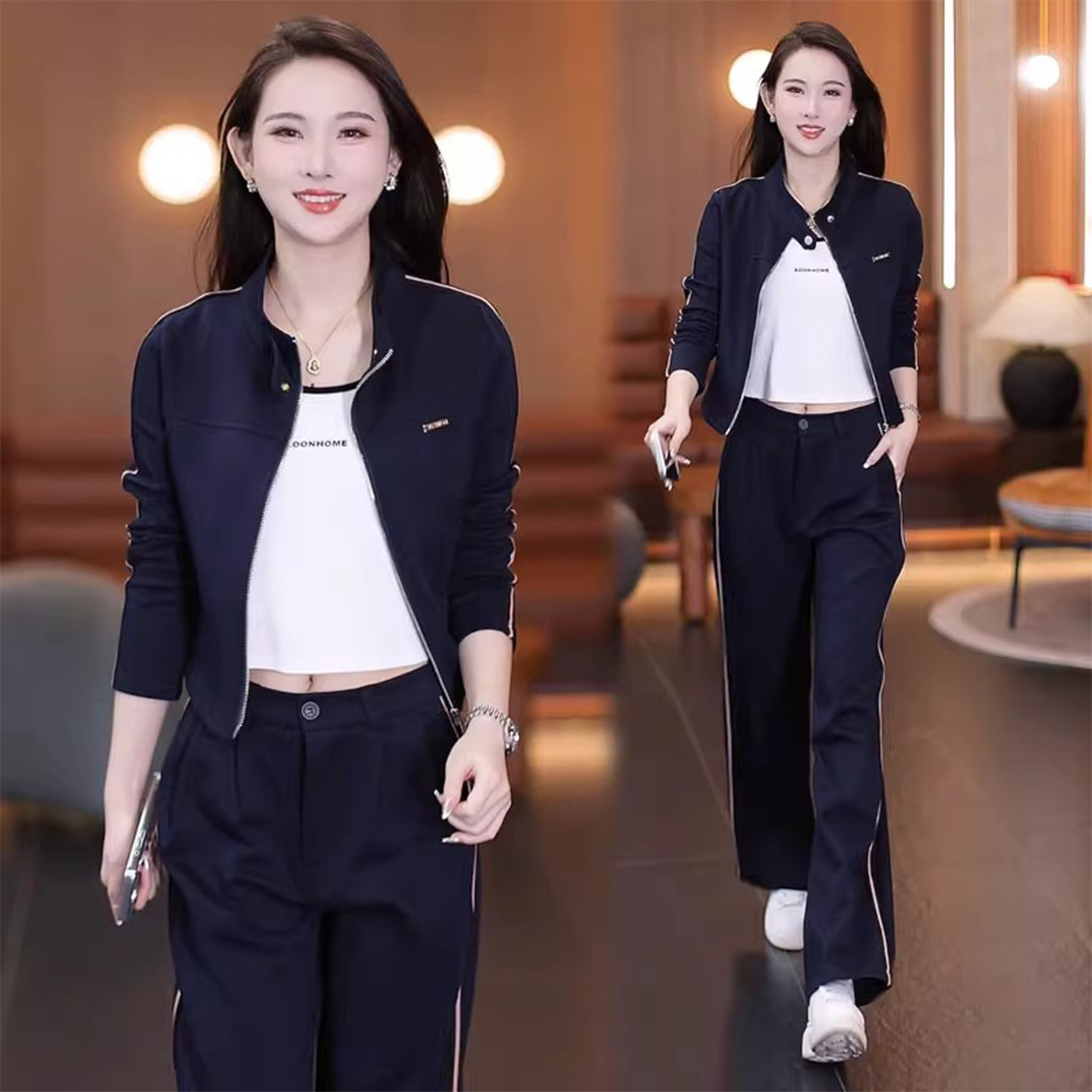 时尚休闲套装女2026秋季新款时髦洋气立领短外套阔腿裤运动两件套图片