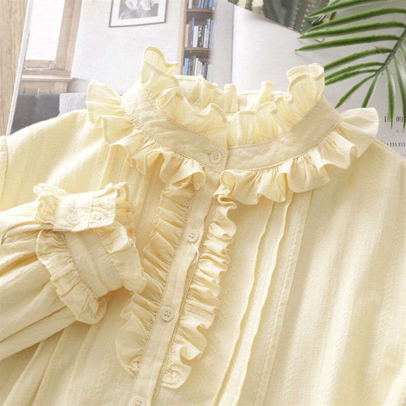 冬季加绒加厚奶黄色宫廷风荷叶边立领衬衫复古灯笼袖打底衫娃娃衫