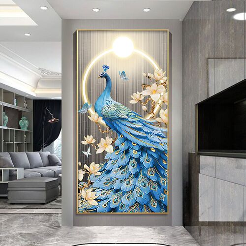 轻奢入户玄关装饰画走廊过道墙画晶瓷简约新中式玄幻挂画吉祥孔雀