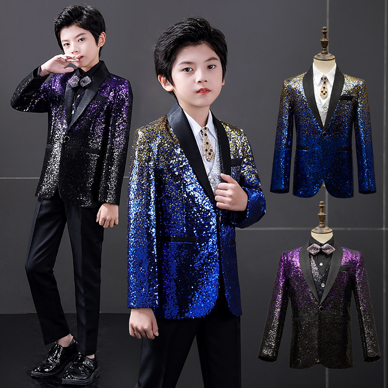 儿童西服套装英伦风男童主持人礼服走秀表演亮片小西装钢琴演出服