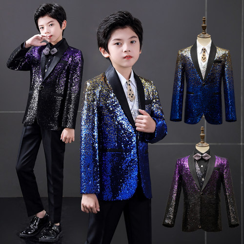 儿童西服套装英伦风男童主持人礼服走秀表演亮片小西装钢琴演出服