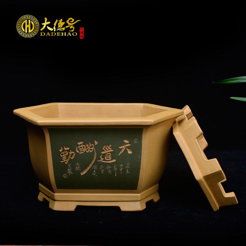 紫砂君子兰花盆 蝴蝶兰建兰多肉植物绿植盆栽精品六方刻绘带托盘