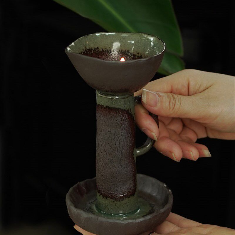 手工粗陶老式油灯中式仿古陶瓷酥油灯侘寂风禅意烛台茶室茶道摆件