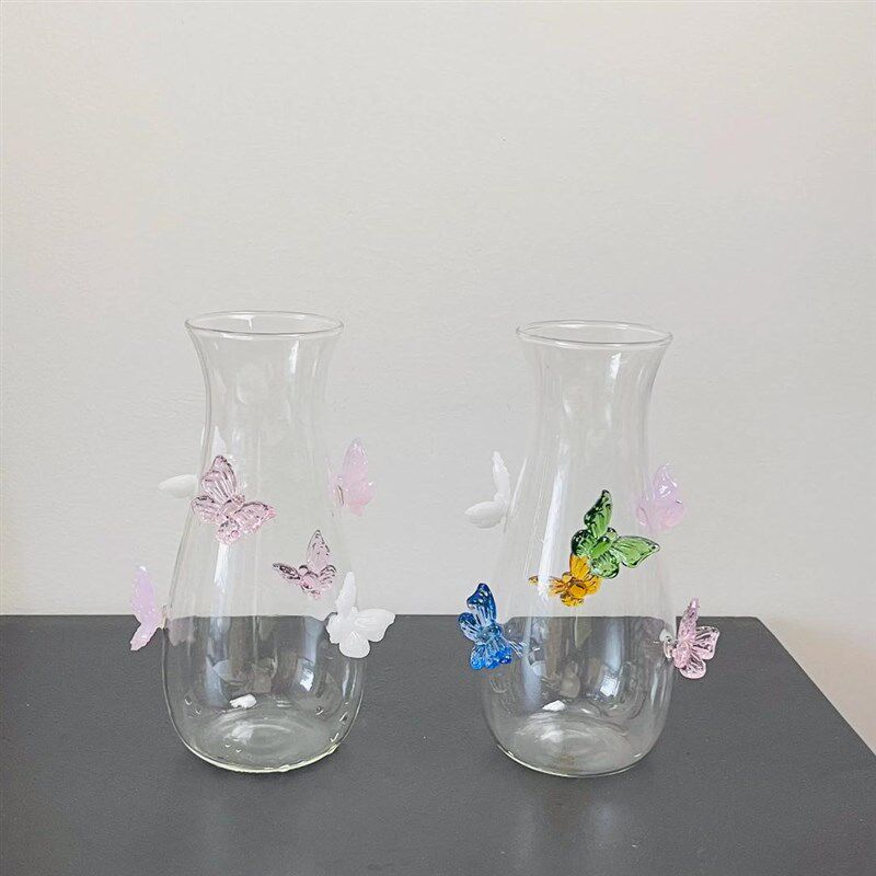 立体蝴蝶花瓶轻奢客厅摆件水培高级感玻璃透明桌面酒壶果汁杯玻璃