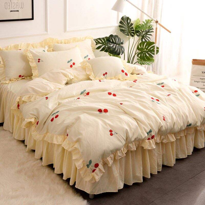 小樱桃清新少女床裙四件套春夏双人百褶花边床罩被套1.5/1.8m床品
