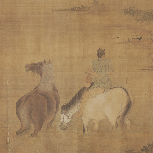 赵孟頫花溪浴马图古代人物山水国画横幅动物手卷艺术微喷复制装饰