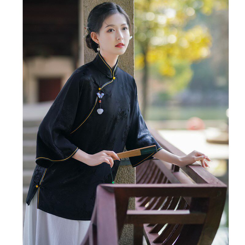 墨卿 春夏中式缎面提花上衣女大码胖mm民国风倒大袖盘扣禅意茶服