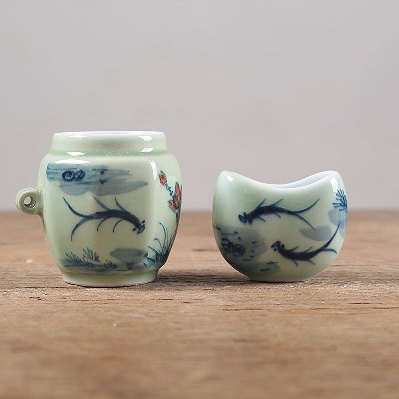 华胜堂 景德镇手绘透青釉戏鱼图平底画眉罐喂食器配件 鸟笼鸟具