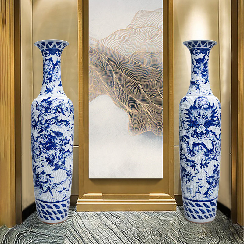 景德镇陶瓷器落地大花瓶手绘龙纹青花瓷瓶客厅酒店装饰品大号特大