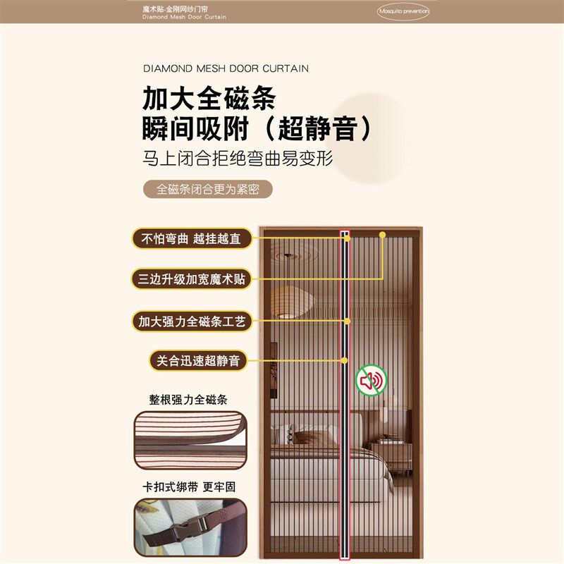 纯色金刚网防蚊门帘磁吸纱门家用阳台推拉门落地窗网纱窗门自粘贴