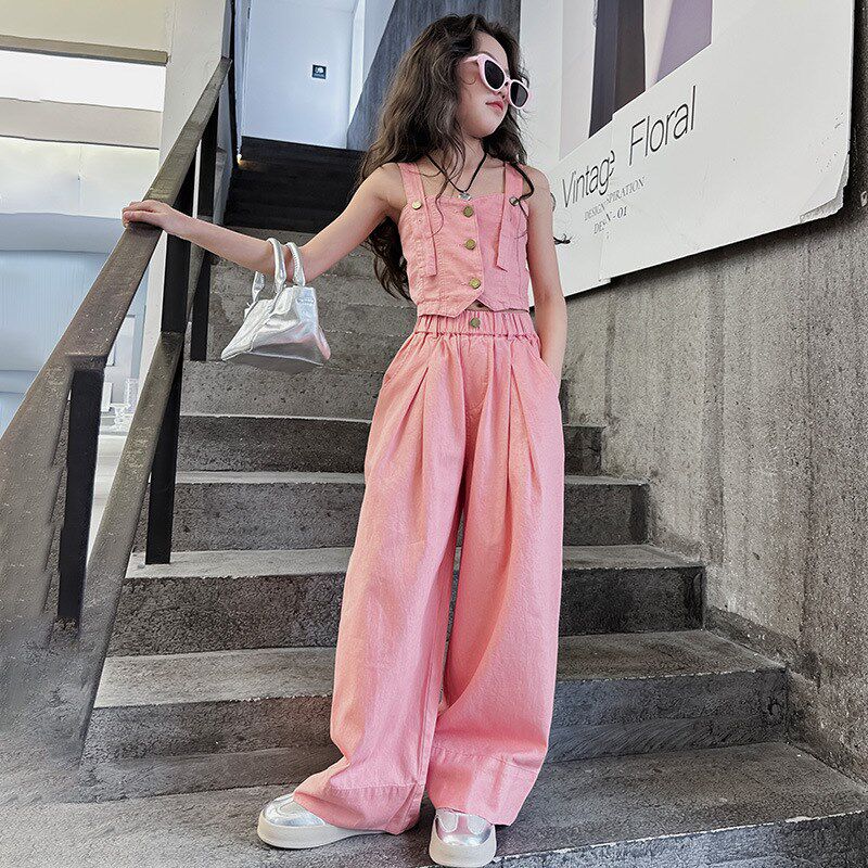 西部牛仔女童夏季街舞套装女孩咖色吊带马甲背心儿童直筒裤两件套