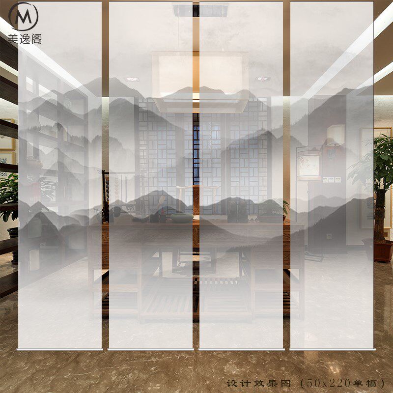 新中式卷帘客厅拉帘软隔断挂帘悬挂山水画布遮阳卧室透光景屏风
