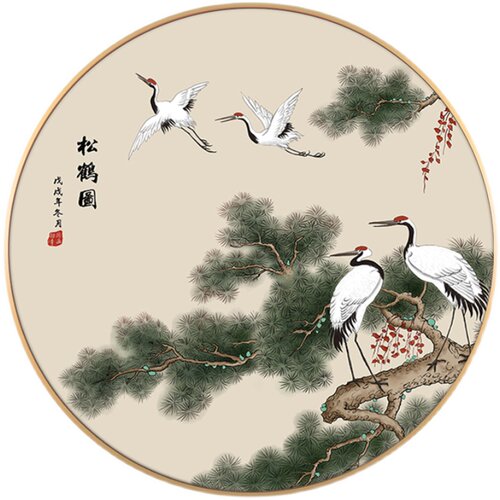 新中式迎客松玄关装饰画入户客厅走廊墙壁画松鹤延年书房圆形挂画