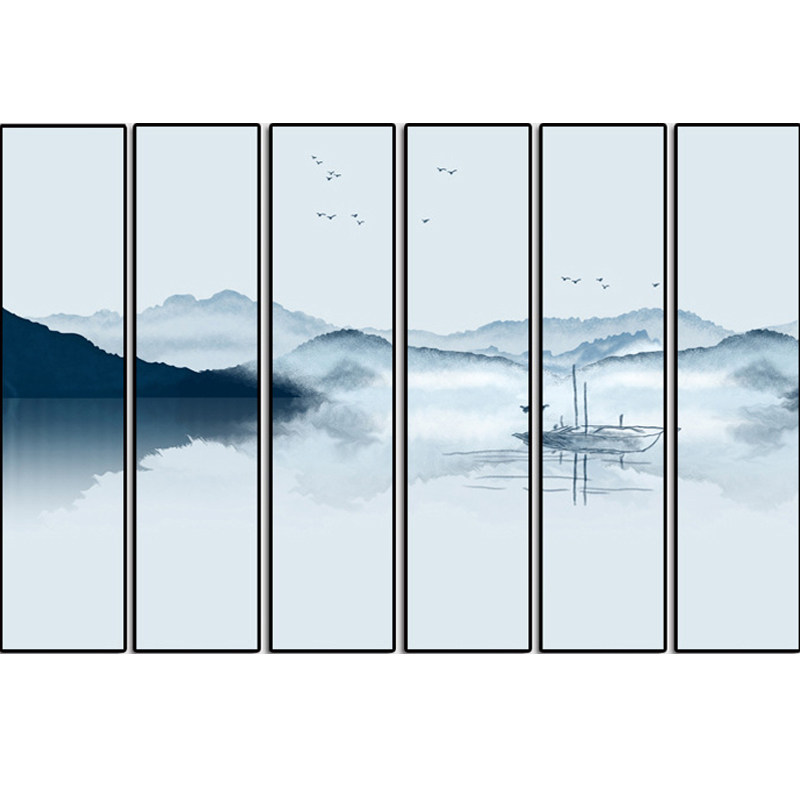新中式六联装饰画大幅多联水墨山水画四联五联挂画条屏客厅背景墙