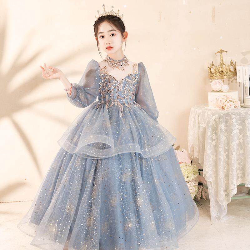蓝色儿童礼服公主裙高端洋气主持人女童2024新款走秀钢琴演出服夏