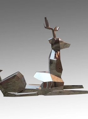 不锈钢鹿雕塑切面几何鹿金属白钢抽象切片麋鹿造型户外景观装饰