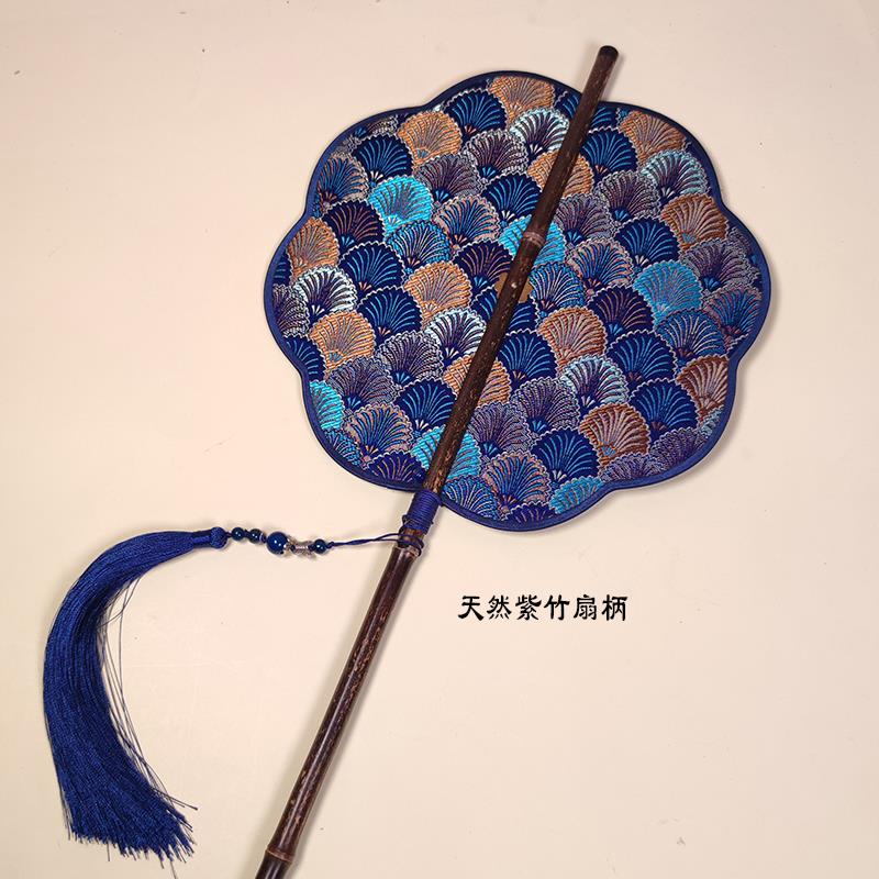蓝色鱼鳞纹腰扇紫竹长柄可旋转可折叠便携卷曲扇子古风国汉服团扇