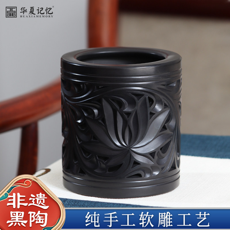 章丘龙山黑陶笔筒三件套企业礼品 新中式创意桌面摆件 送老师节日