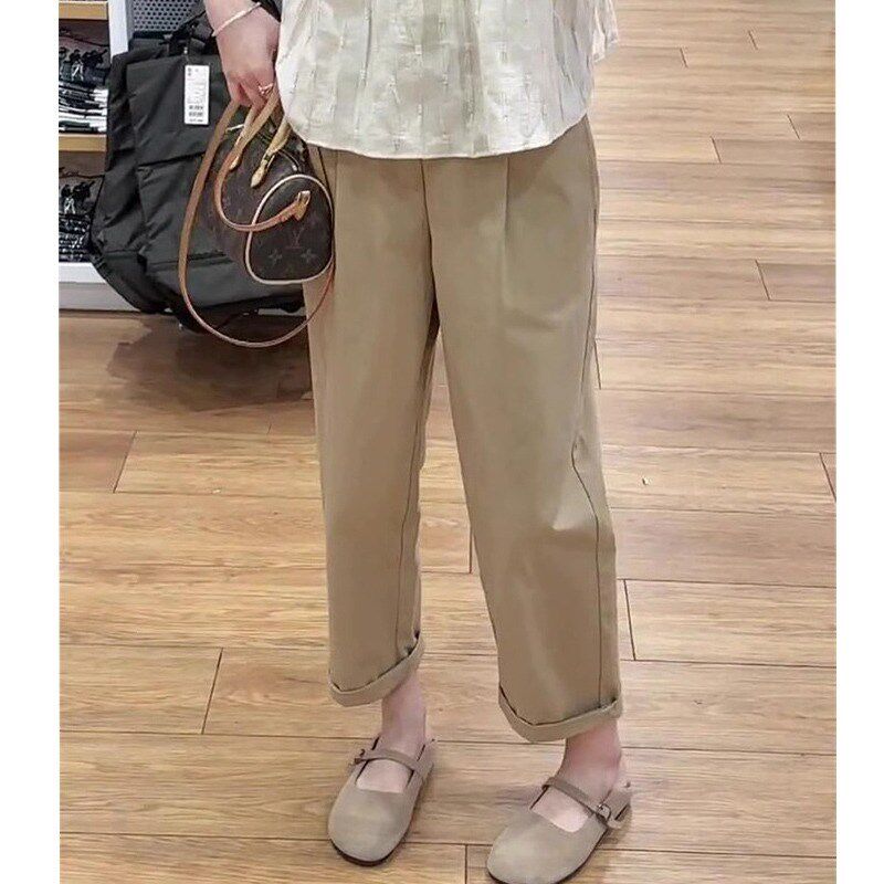加小码七分卡其色休闲裤女春秋款八分小个子xs高腰宽松直筒阔腿裤