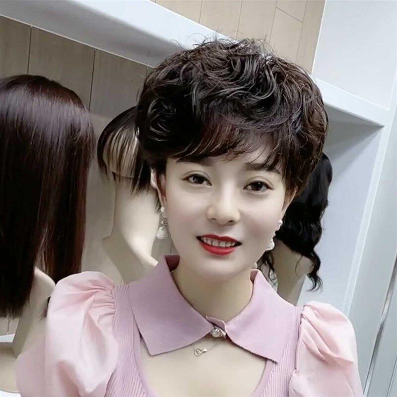 全真发假发女短发真发卷发圆脸假发头套透气蓬松妈妈大卷烫假发套