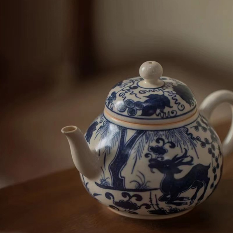 客福 霖松堂草木灰青花手绘双鹿小品壶景德镇陶瓷茶具开片泡茶壶