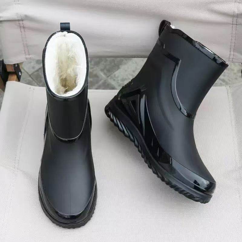 雨鞋男款收口新款防水鞋户外水靴厨房防滑工作胶鞋加绒棉保暖雨靴