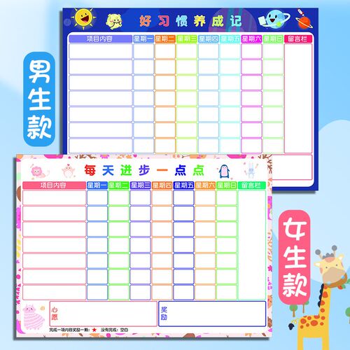 儿童成长自律表奖励墙贴可移除不伤墙铁性幼儿好习惯打卡小学生暑