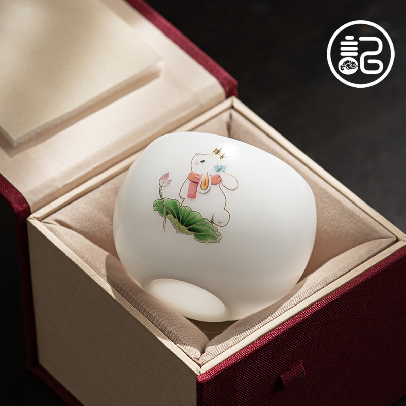 记今朝《兔子》兔年茶具礼品 主人杯 生肖茶杯 德化冰种羊脂玉瓷