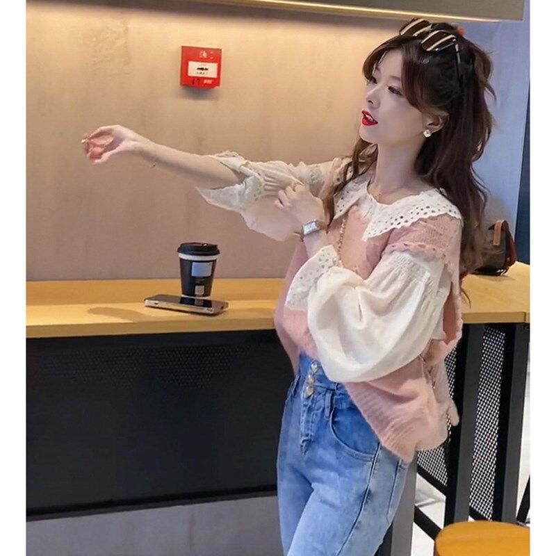 春装成套搭配一整套设计感蕾丝翻领衬衫上衣女粉色针织马甲两件套