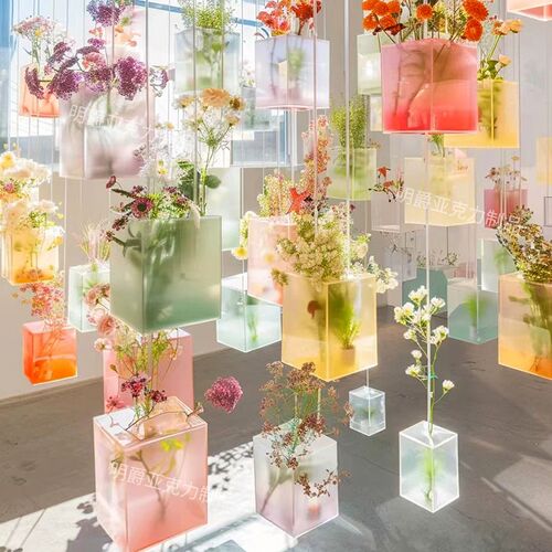 亚克力渐变磨砂室内商业美陈餐厅艺术花束堆头展示台吊装悬空装置