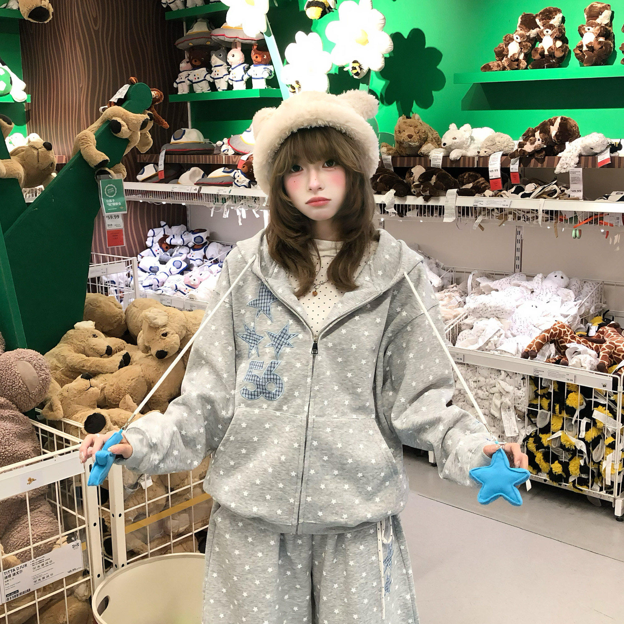 美式满印星星连帽卫衣套装女宽松休闲灰色138.4元