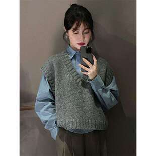 韩系学院风复古v领修身针织背心马甲毛衣女学生百搭衬衫两件套装